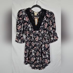 Romantic Gypsy Floral Babydoll Y2K Boho V-Neck Tunic Top Women's sz S NWT